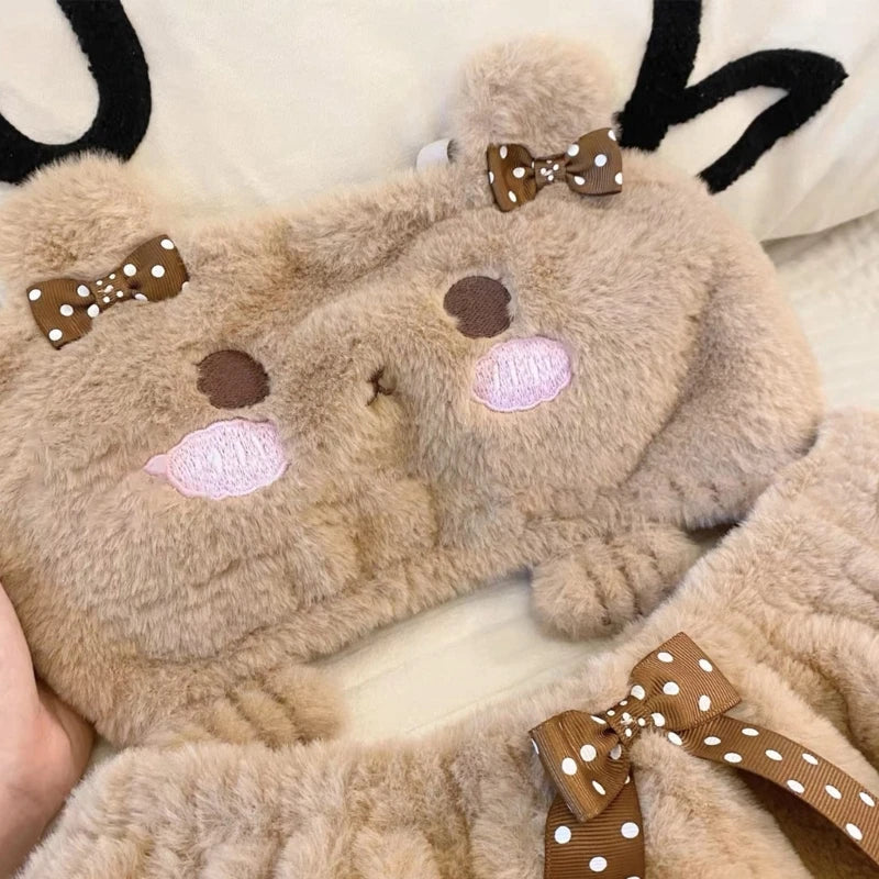 Women's Cartoon Bear Plush Winter Underwear Set Furry Padded Tube Top Bra And Pumpkin Shorts Panty Anime Lingerie for Girls