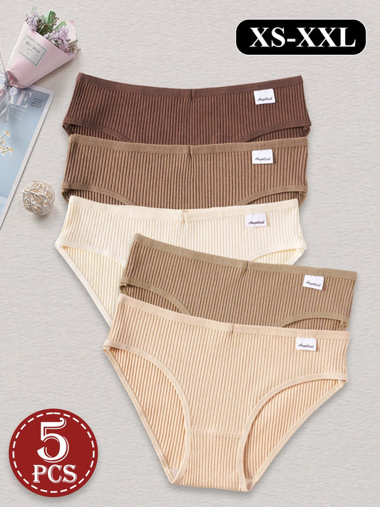 5PCS Fashion Maillard Colored Women's Underwear Solid Color Striped Cotton Comfortable Panties Soft Breathable Briefs Lingerie